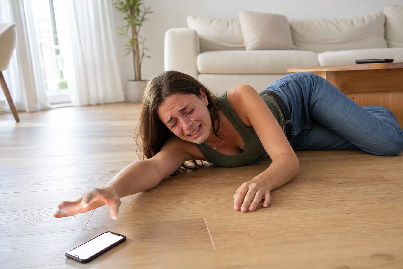 Persona a terra in casa con il telefono che mostra l’allarme Pulse attivo e notifica alla famiglia