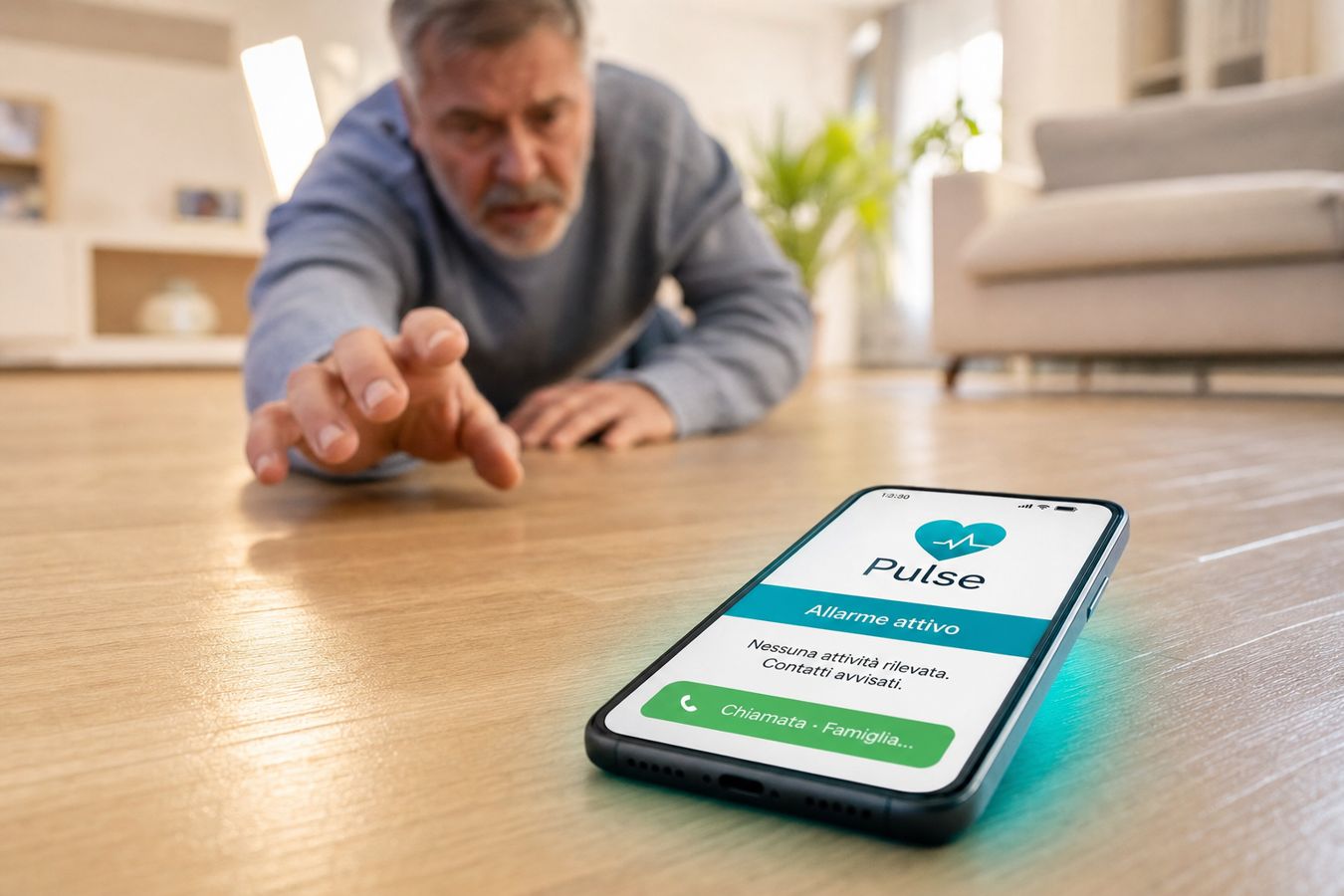 Telefono in primo piano con allarme Pulse attivo e persona a terra che cerca di raggiungerlo
